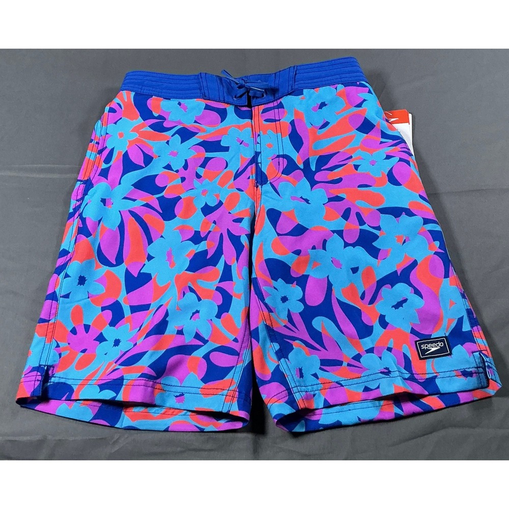 Speedo Mens Floral Print Swim Trunks Blue Orange Board Shorts Small 800464701384